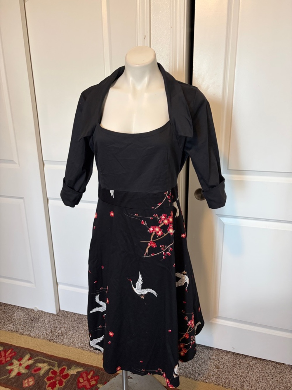 Black Crane & Cherry Blossom Print Dress with Bolero